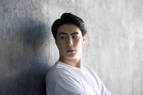 Profile of a man looking back Handsome man with an image of men's hair removal and skin care; Shutterstock ID 2597860481; purchase_order: -; job: -; client: -; other: -